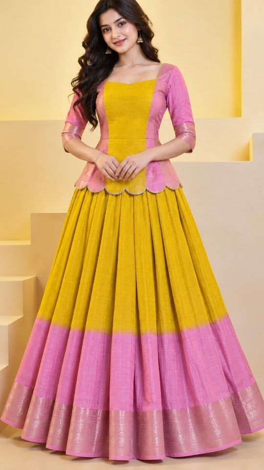 Yellow & Pink Pattu Lehenga Set