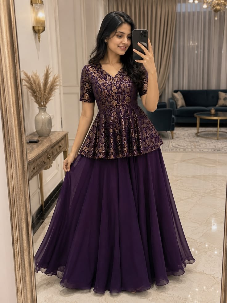 Purple Peplum Top with Flared Skirt