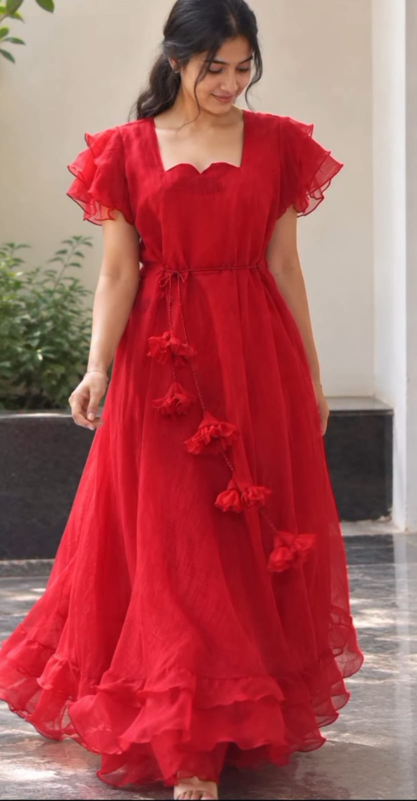 Red Ruffle Sleeve Long Frock